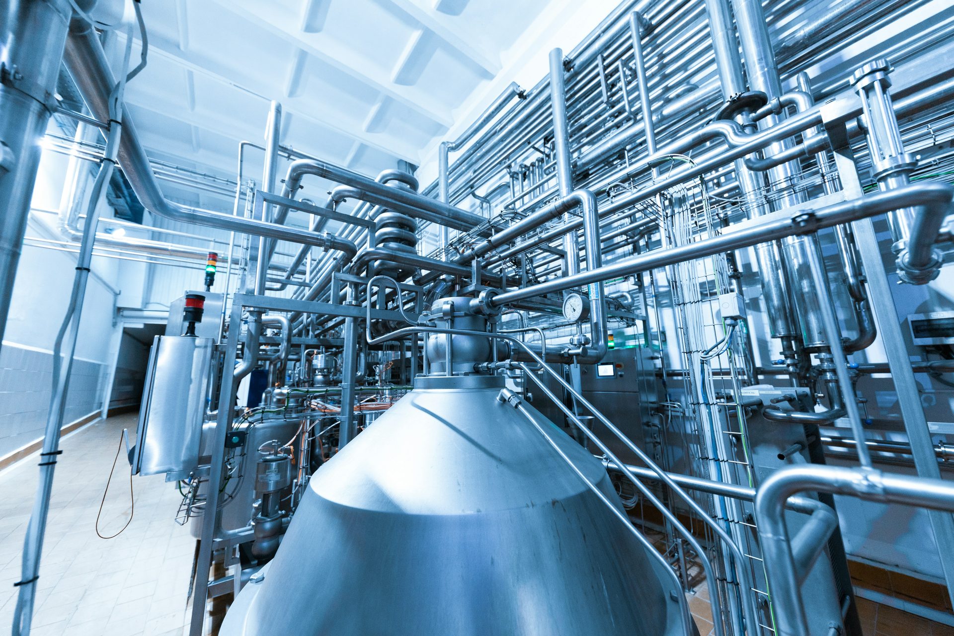 Chemical process plant with stainless-steel pipework, vessels and fittings